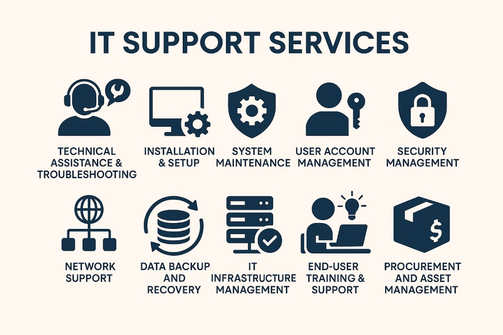IT Support Services - Technical Assistance, Installation, System Maintenance, Security Management, Network Support, Data Backup, Infrastructure Management, Training, and Asset Management
